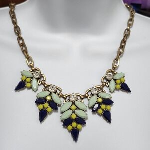 J Crew Blue Mint Neon Rhinestone Statement Necklace Bib Chunky Floral 2010s Prep